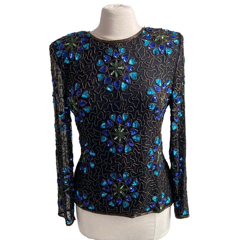 💎  VINTAGE STENAY Top Womens Sz MD Black Silk Sequin Beaded Hollywood Glam Chic
